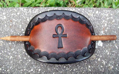 Two Tone Leather Stick Barrette Ankh