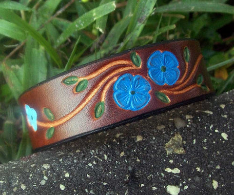 Blue Flowers Handmade Leather Wristband | 3/4"