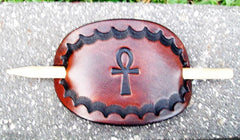 Tan Leather Barrette Egypt Ankh