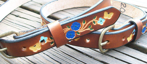 Child Leather Belt with Blue Flowers and Butterflies | Free Personalizing