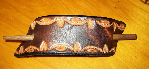 Tooled Brown Border Leather Hair Pin with wood Sitck