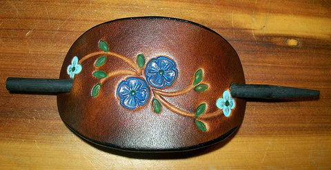 Blue Flower Leather Stick Barrette - Small