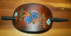 Small Leather Stick Barrette Blue Flowers
