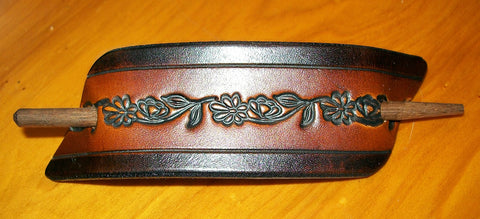 Antique Flower Chain Leather Ponytail Holder with Wooden Stick