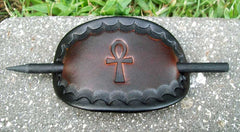 2 Tone Leather Barrette Egyptian Ankh