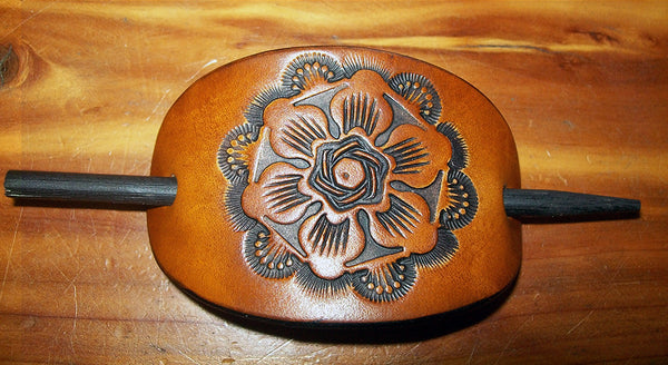 Vintage 1970s Leather Hair Slide Barrette Floral Hand Tooled Boho Wood Stick Pin Vintage Tooled Leather Barrette: 70s Floral Hair Clip With  main image 4
