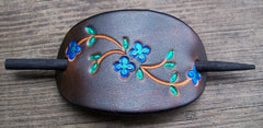 Leather Stick Barrette Bright Blue Flower