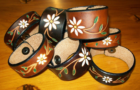 Handmade Leather Bracelets with Tooled and Painted Daisy Flower Design