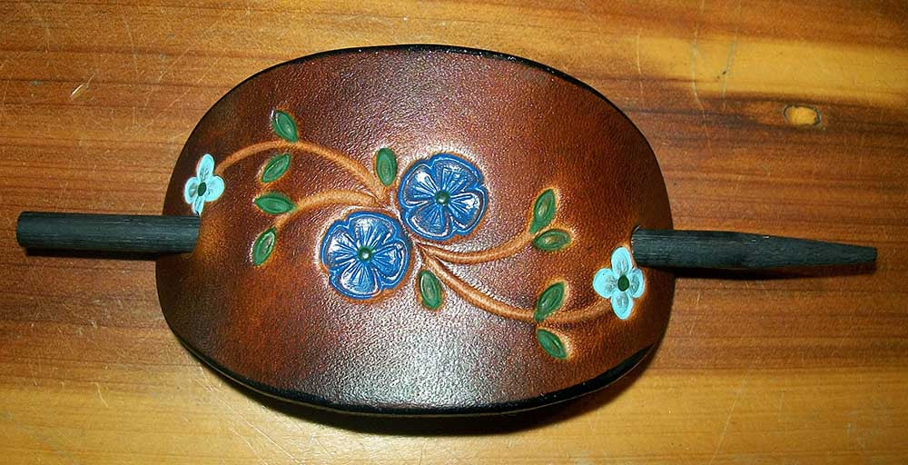 Small Leather Stick Barrette Blue Flowers