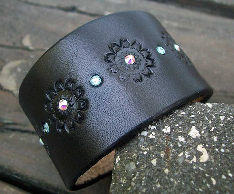 Black Leather Bling Wristbands | 1.5 Inch Wide