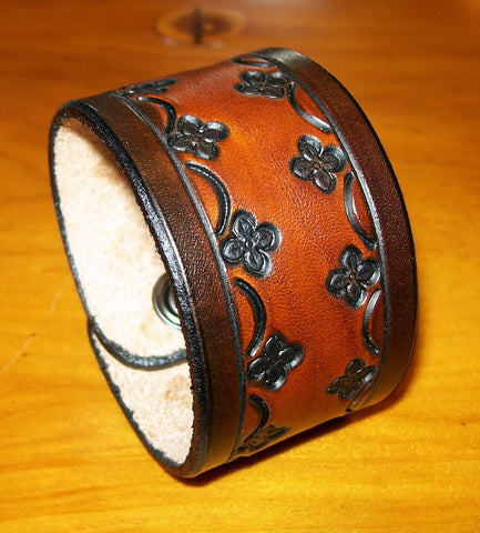Two Tone Flower Tooled Leather Cuff Bracelet