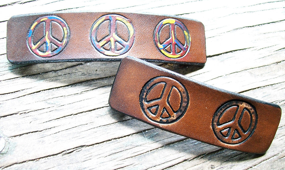 Peace Sign Hippy Leather Barrette