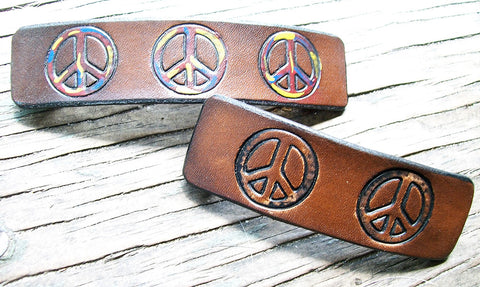 Peace Sign Hippy Leather French Barrettes