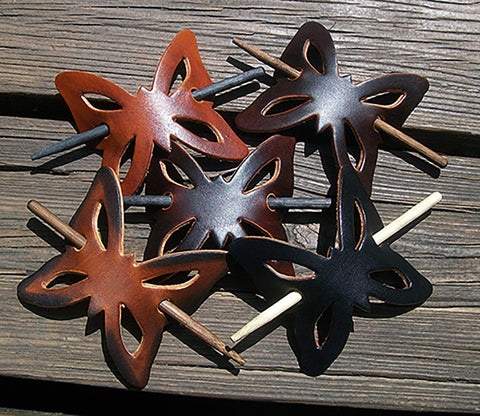 Butterfly Shape Leather Barrettes with Wood Pin