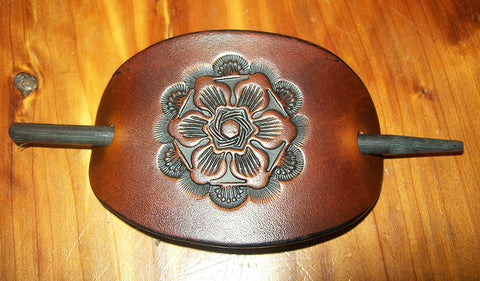 Tooled Leather Hair Barrette Antique Flower
