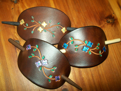 Brightly Painted Flowers Leather Hair Pins - Medium