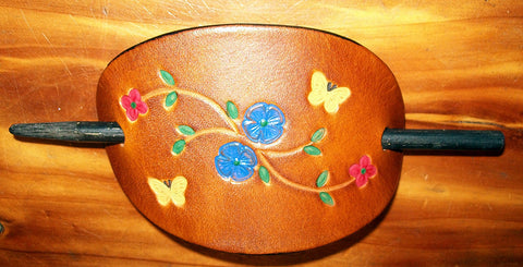 Red & Blue Flowers with Butterflies Leather Hair Pin - Medium