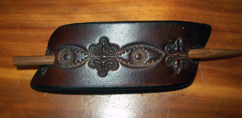 Tooled "Dark" Design Small Leather Stick Barrette
