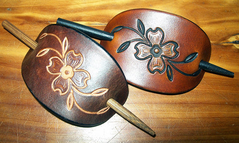 Dogwood Flower Leather Barrette with wooden stick | Small