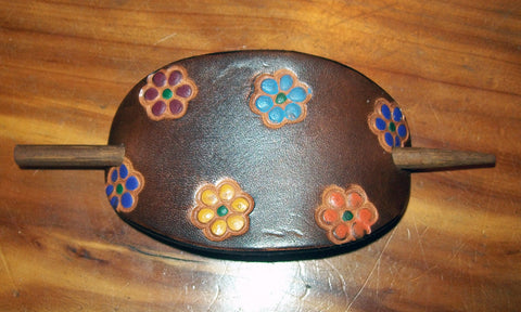 Hand Painted Multi Flower Small Leather Barrette