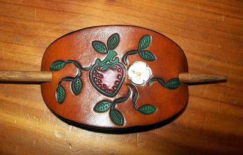Strawberry Leather Hair Slide with Wooden Pin