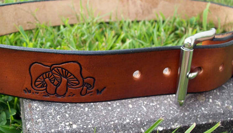 Retro Leather Belt with Mushrooms | Personalized FREE!