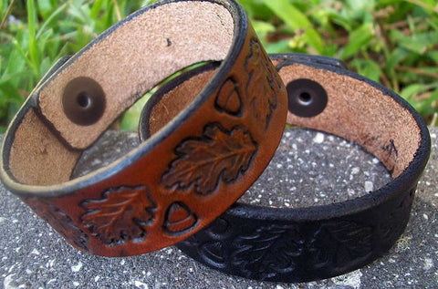 Handmade Leather Bracelets | Vintage Tooled Oak Leaf Design
